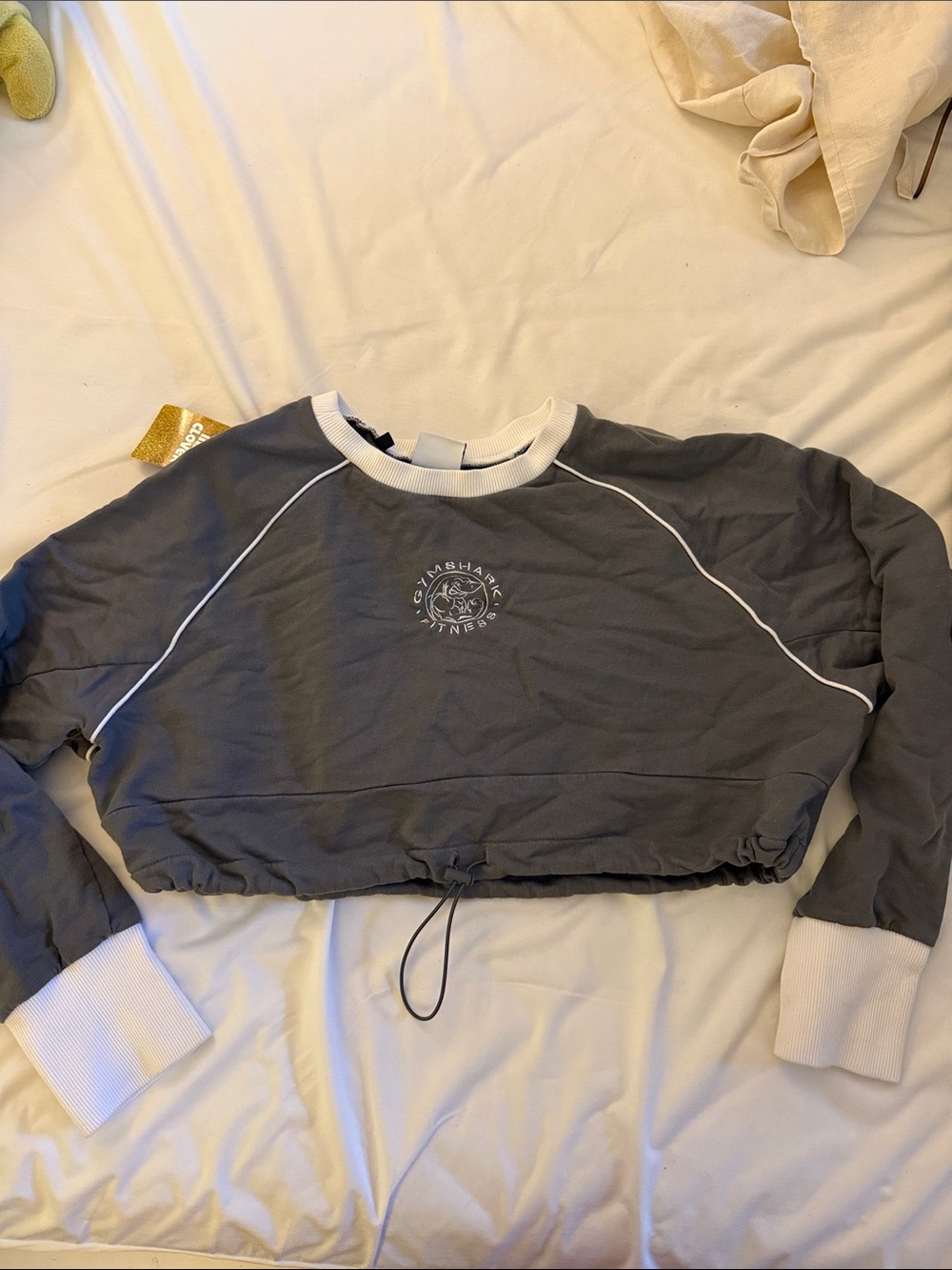 Gymshark Gray Cropped Drawstring Sweatshirt with White Trim